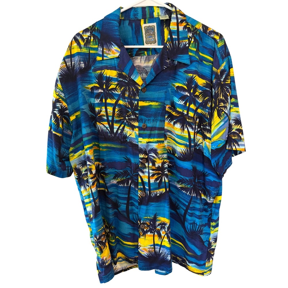 90's Vintage Ocean Current Mens Large Blue Yellow Tropical Rayon Hawaiian Shirt